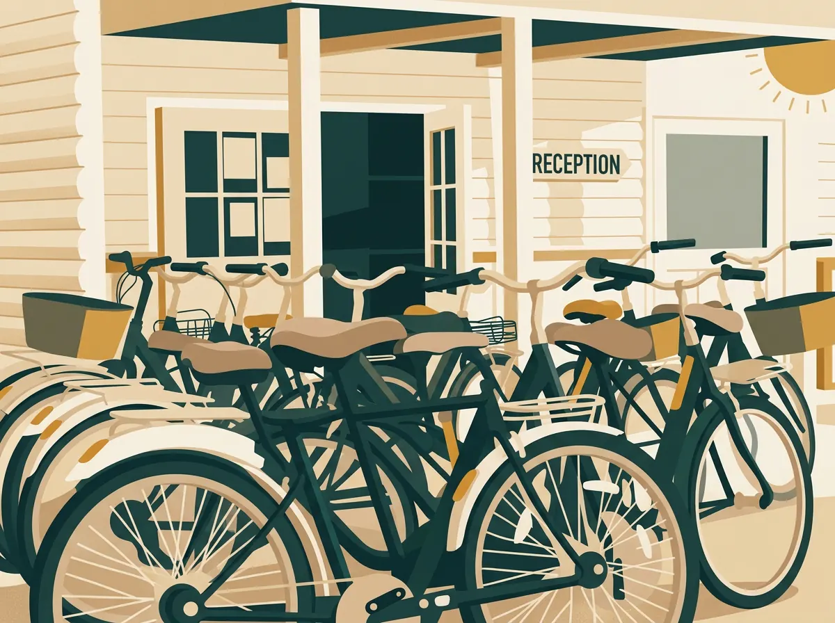 Rij verhuurfietsen bij de receptie van een vakantiepark